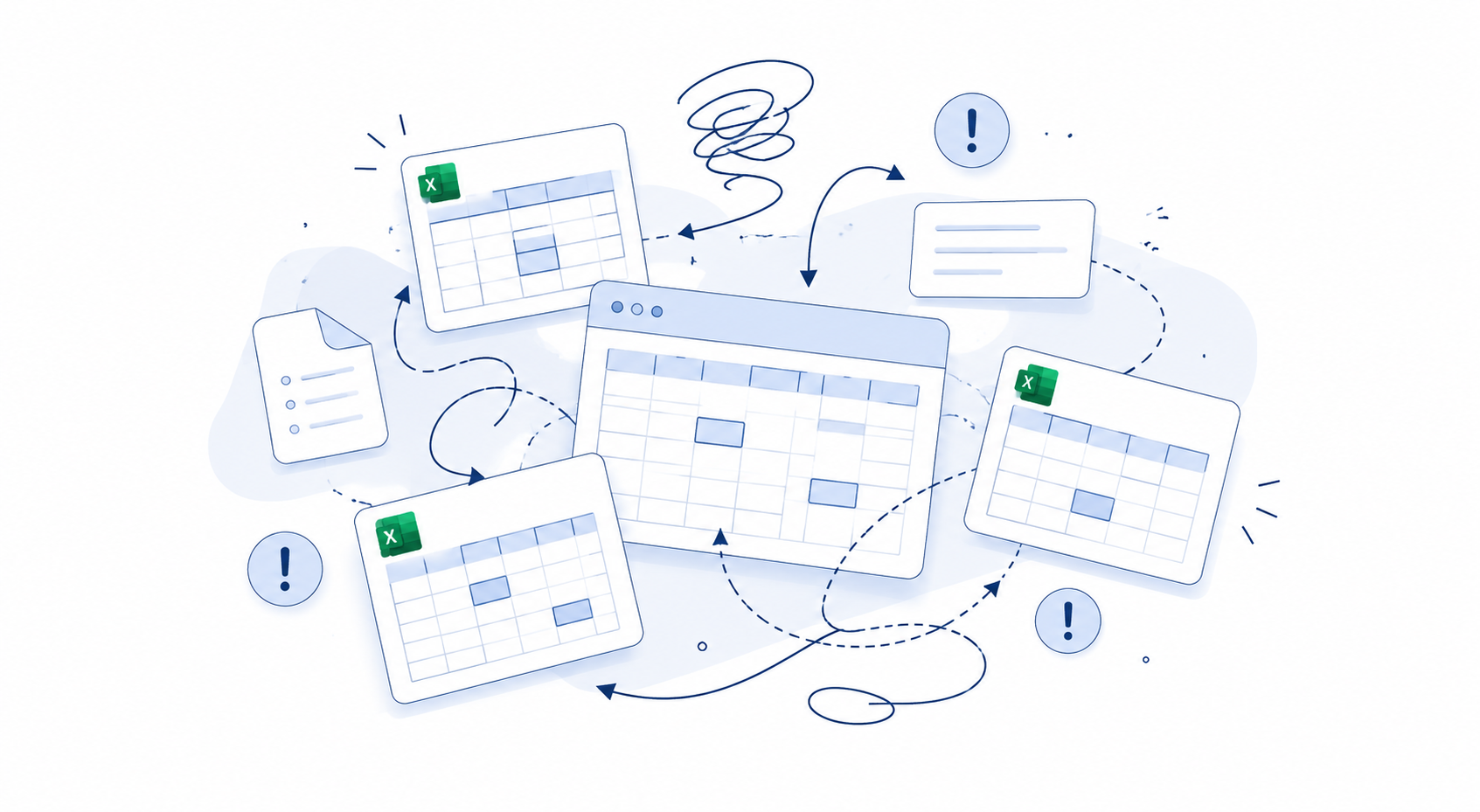 Tangle of spreadsheets, documents, and alerts illustrating back-office chaos